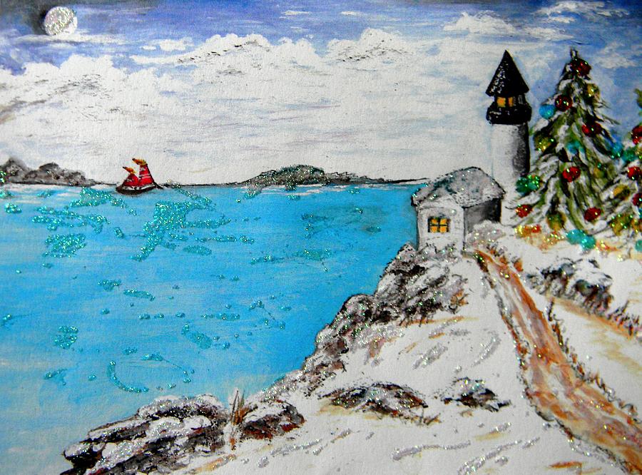 Lighthouse Painting - Christmas Lighthouse by Kathleen W Jones