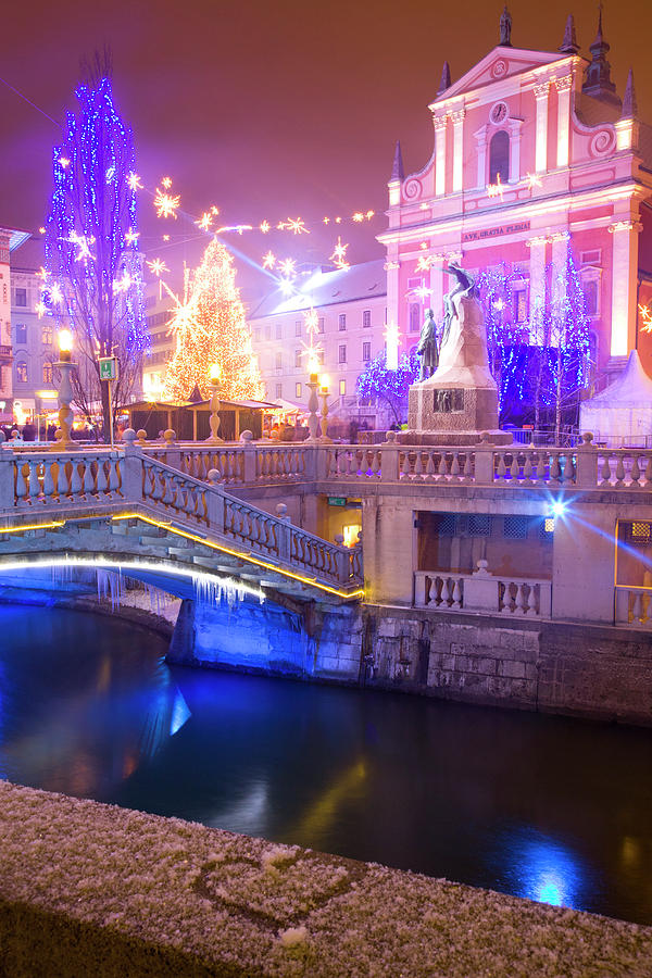 Christmas lights in Preseren Square in Ljubljana Photograph by Ian Middleton