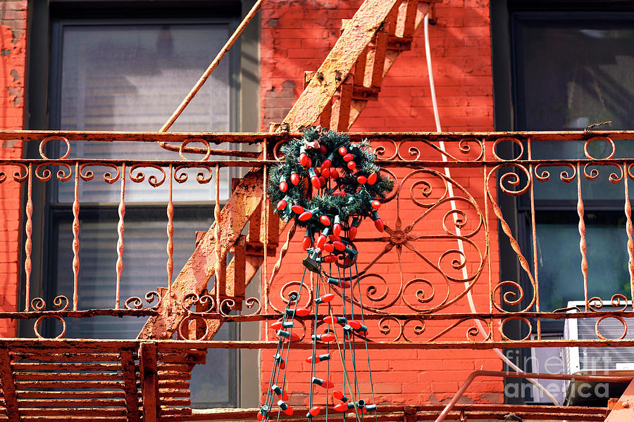 Christmas Lights on the Little Italy Fire Escape New York City Photograph by John Rizzuto