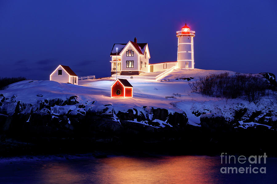 Christmas Lights on the Nubble Light Photograph by Denis Tangney Jr
