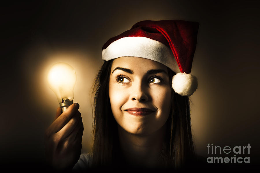 Christmas Photograph - Christmas lights woman with bright idea by Jorgo Photography