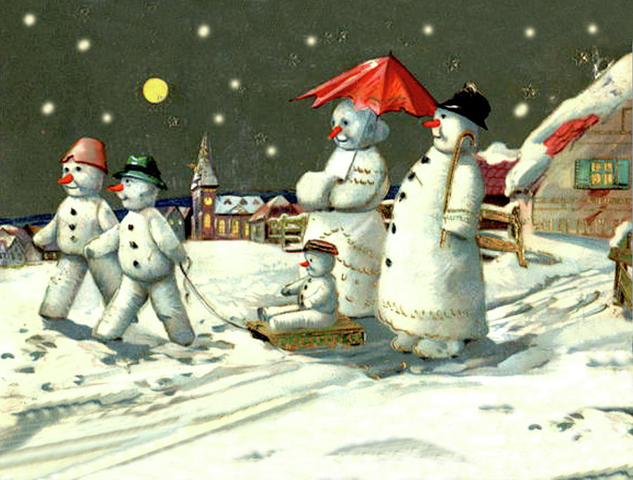 Christmas night with snowman family Painting by Long Shot