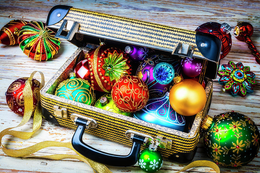 Christmas Ornaments In Small Suitcase Photograph by Garry Gay