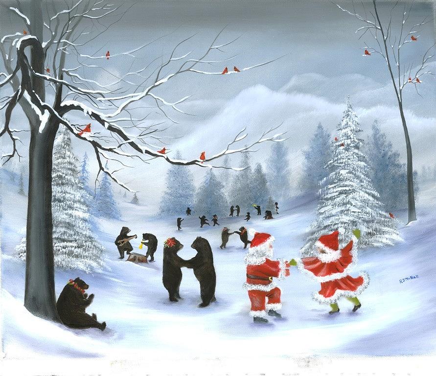 Santa Claus Painting - Christmas Party At Bear Hollow by RJ McNall