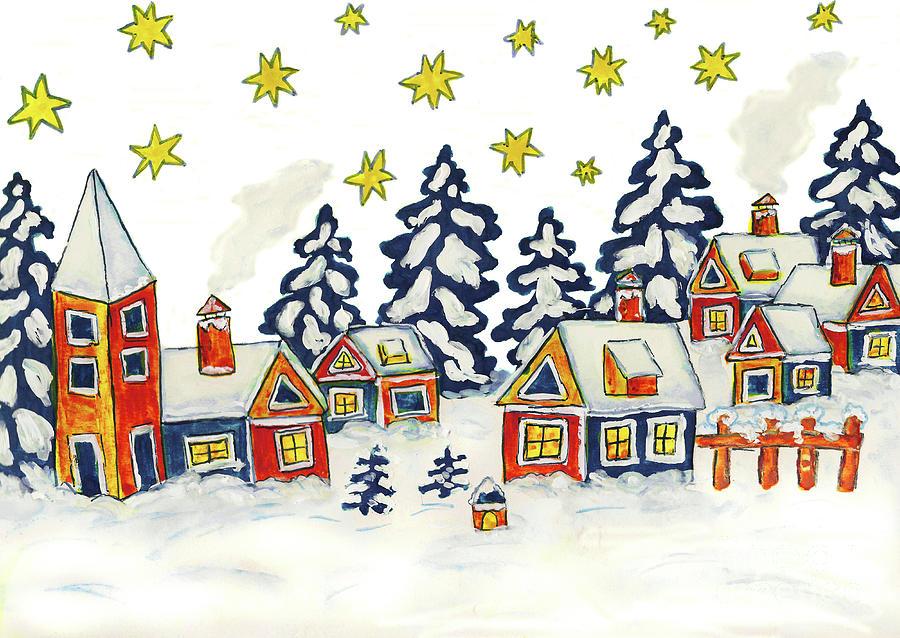 Christmas picture in blue and yellow colours Painting by Irina Afonskaya