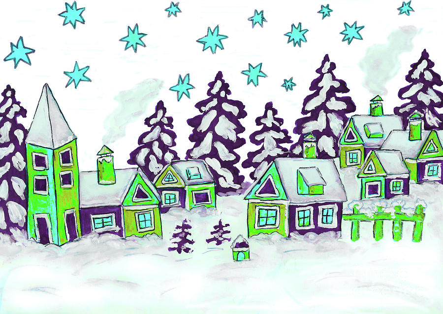 Christmas picture in green and blue colours Painting by Irina Afonskaya