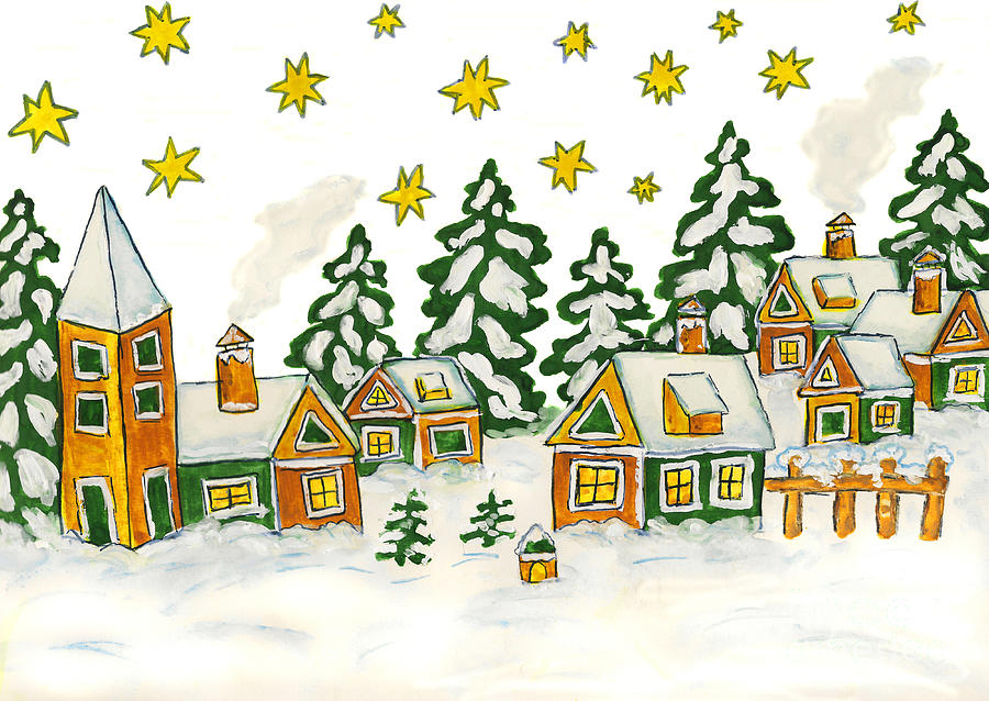 Christmas picture in green and yellow colours Painting by Irina Afonskaya