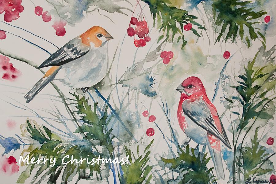 Christmas Pine Grosbeaks Painting by Cascade Colors