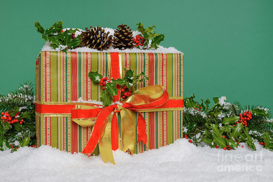 Christmas Present On Snow Green Background Photograph