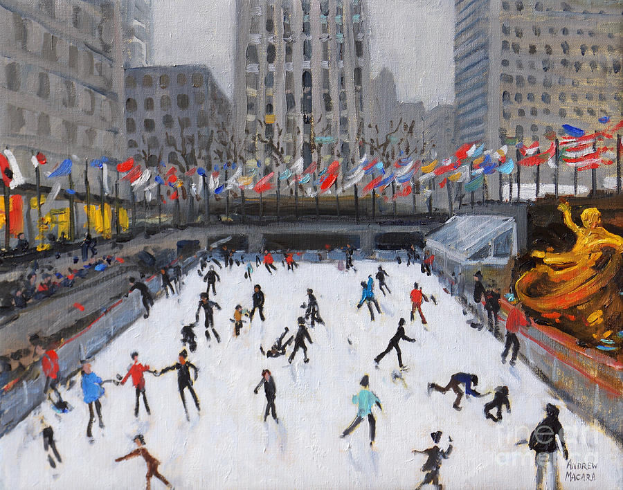 Christmas skating, Rockefeller Ice Rink, New York Painting by Andrew Macara