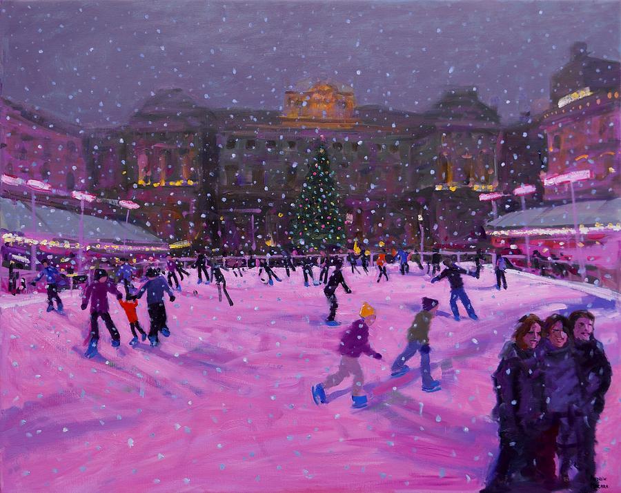 Christmas Painting - Christmas skating Somerset House with pink lights by Andrew Macara