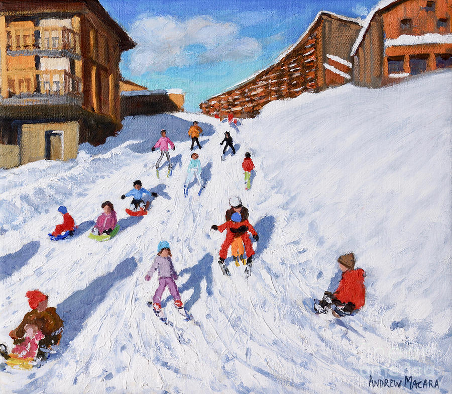 Winter Painting - Christmas Sledging, Les Arcs by Andrew Macara