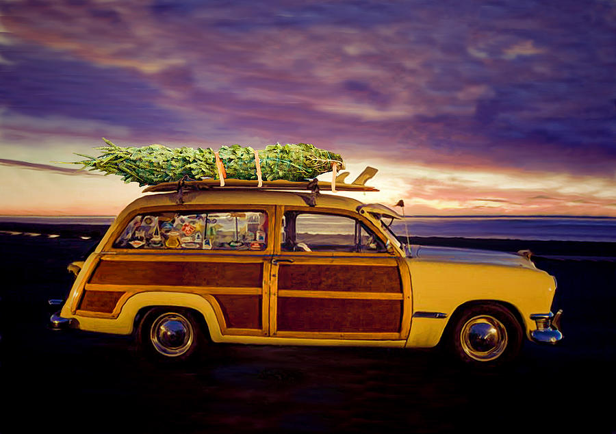 Christmas Surfing Woodie With Tree Painted Photograph by Sandi OReilly