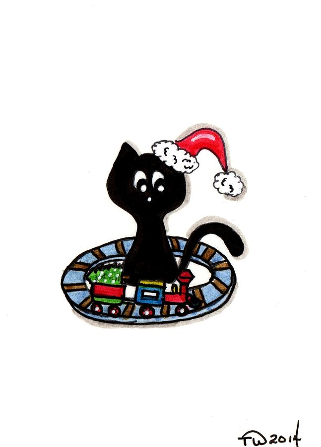 Christmas Painting - Christmas Train Kitty Cat by Tambra Wilcox