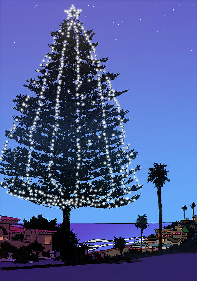 Christmas Tree at Moonlight Beach Encinitas, California Drawing by Mary Helmreich