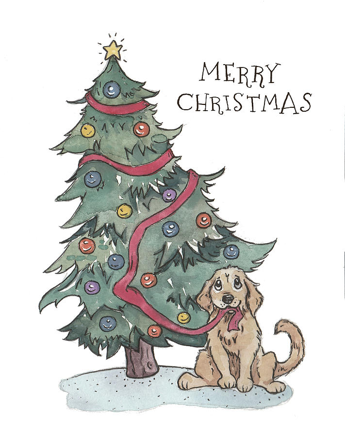 Christmas Tree Dog Painting by Katrina Davis