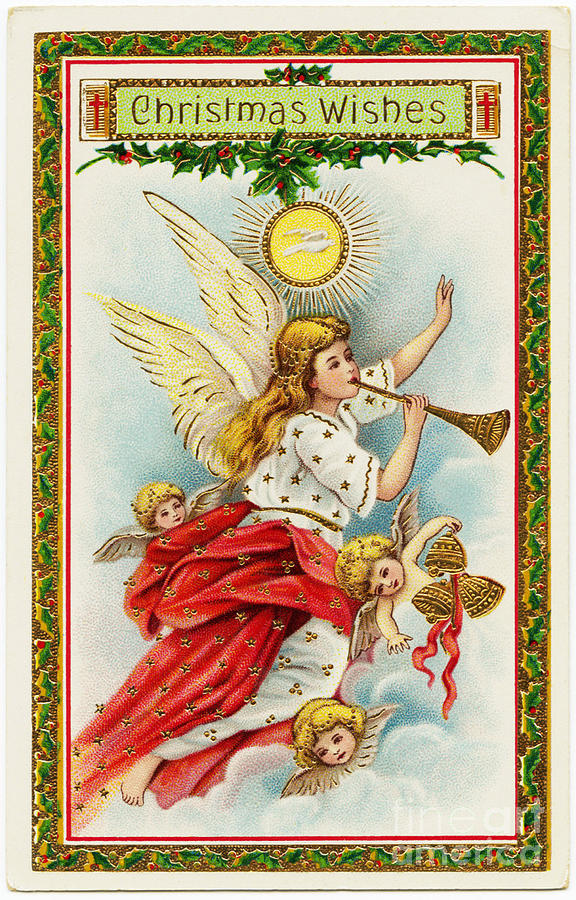 Christmas wishes Angels blowing horns vintage victorian Painting by Vintage Collectables