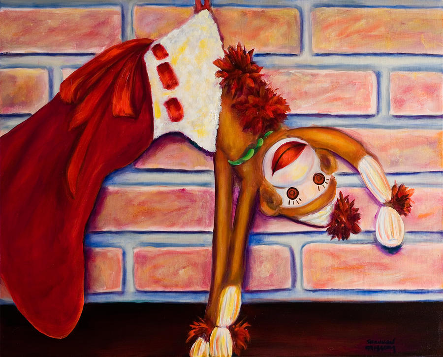 Christmas Stocking Sock Monkey Painting by Shannon Grissom