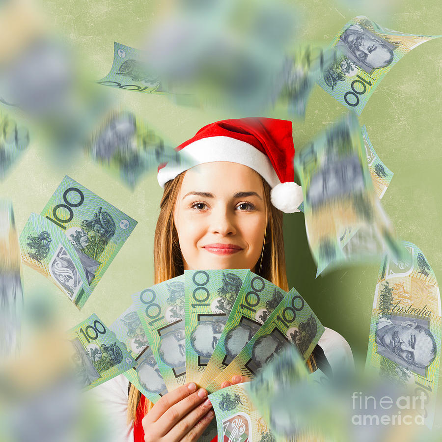 Christmas woman with Australian dollar money fan Photograph by Jorgo Photography