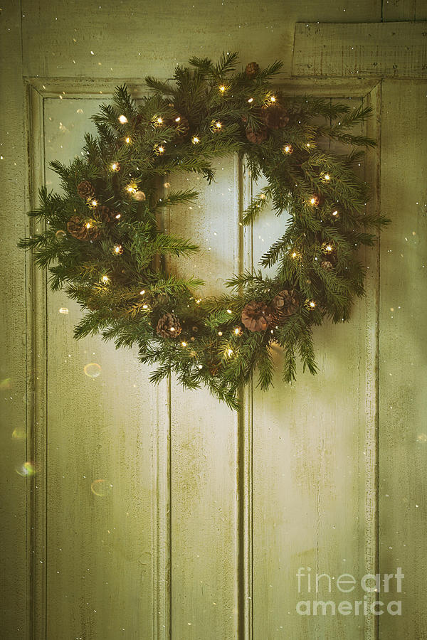 Christmas Photograph - Christmas wreath with lights on vintage door by Sandra Cunningham