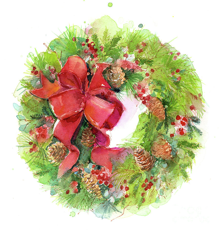 Christmas wreath with Red Bow Painting by John Keeling