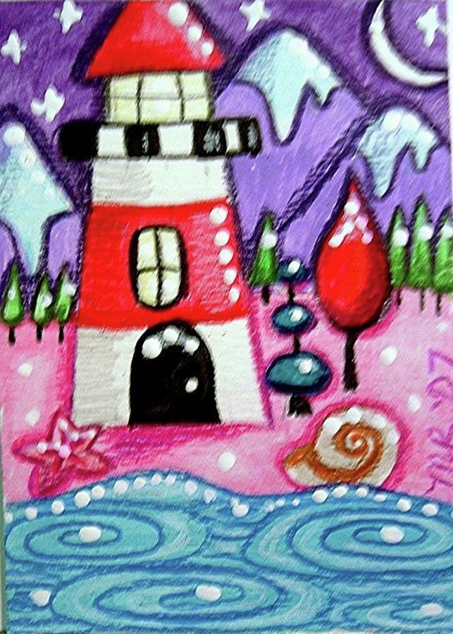 Christmasy Lighthouse Painting by Monica Resinger