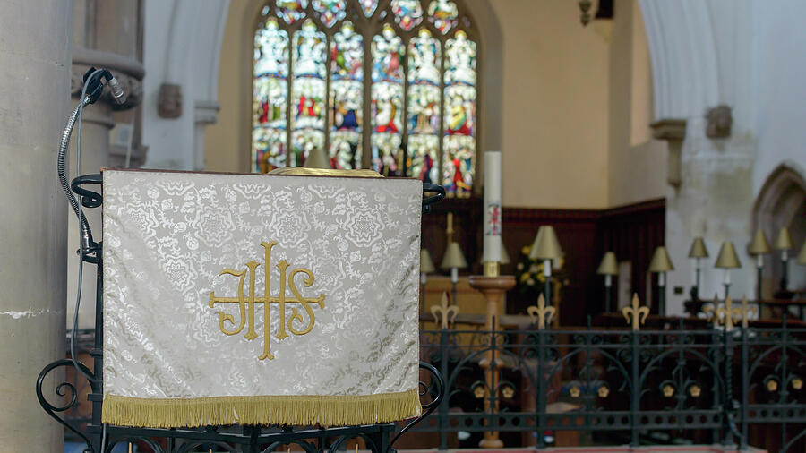 Christogram IHS on Pulpit Cloth in Gothic English Church Photograph by ...