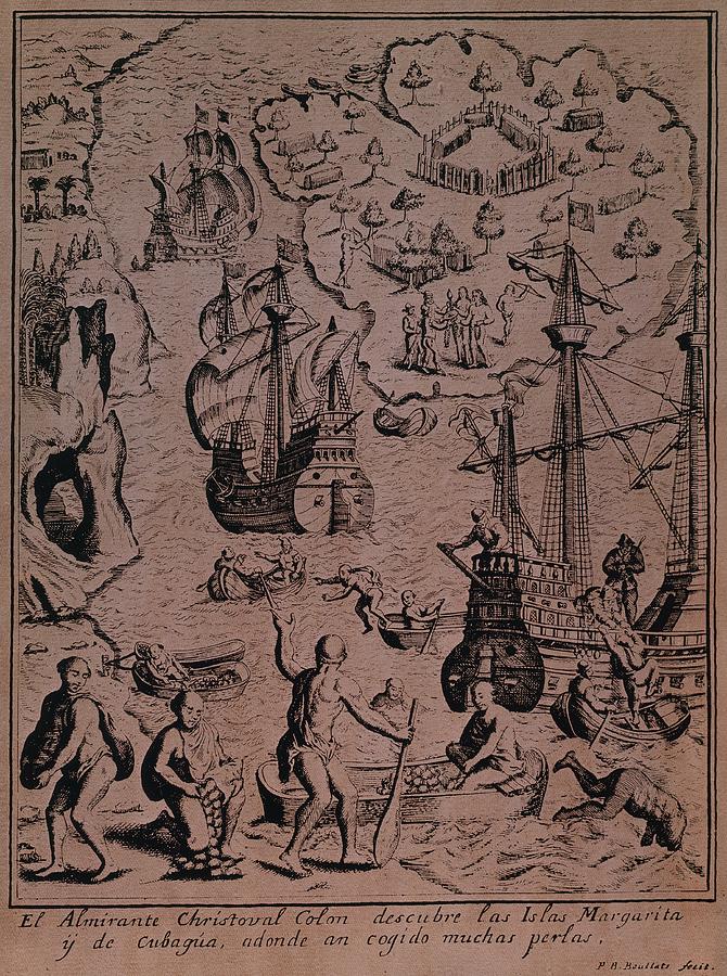 Christopher Colombus discovering the islands of Margarita and Cubagua where they found many pearls Drawing by Spanish School
