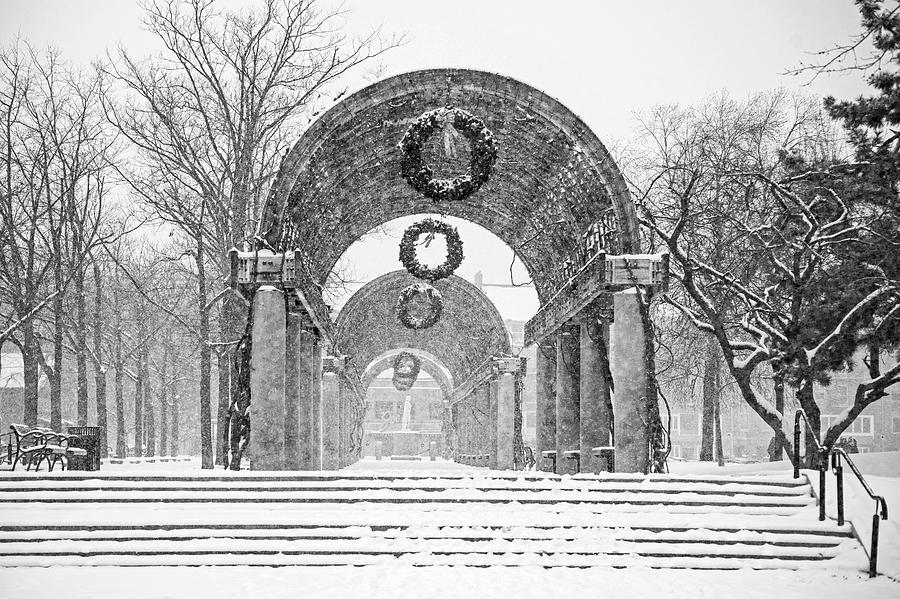 Christopher Columbus Trellis Snowy Day Boston MA Black and White Photograph by Toby McGuire