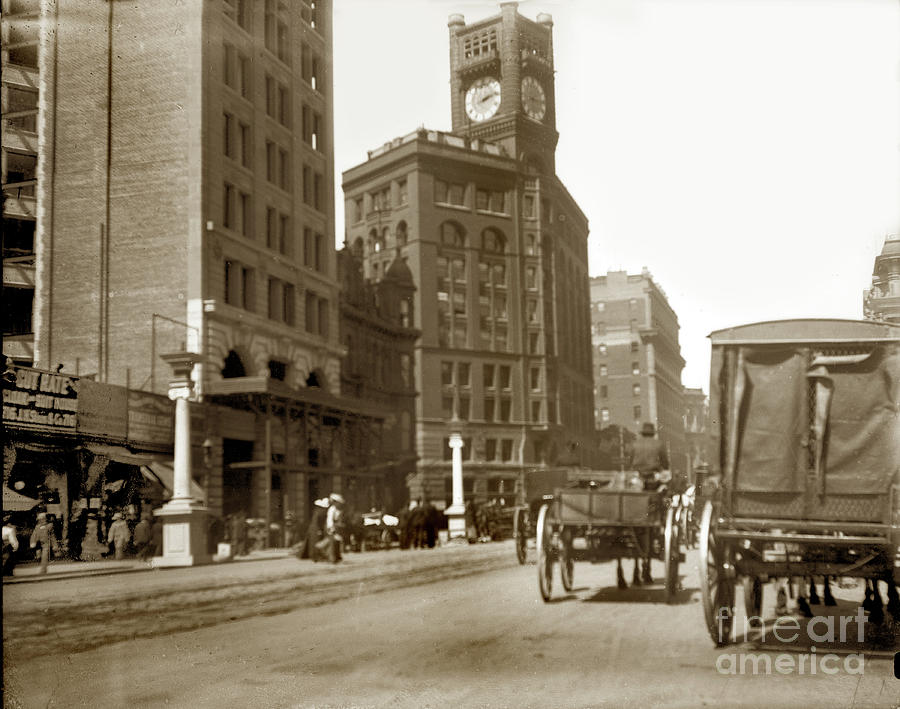 San Francisco Photograph - Chronicle building with clock and  Mutual Bank Building on Market St. 1902 by Monterey County Historical Society