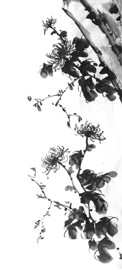Black And White Painting - Chrysanthemum with stone by Chang  Lee