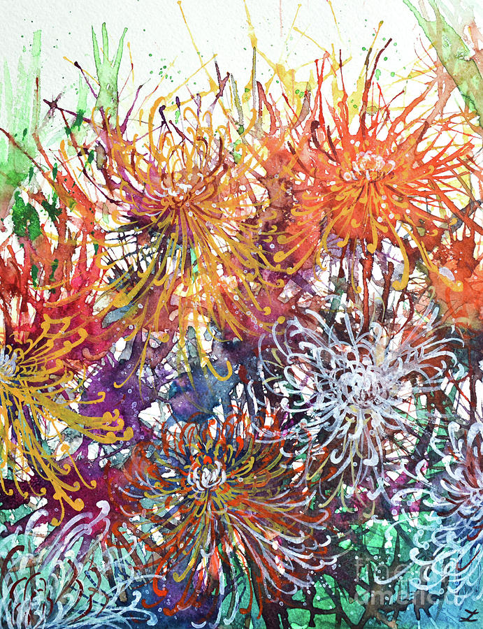 Chrysanthemums in the Garden Painting by Zaira Dzhaubaeva