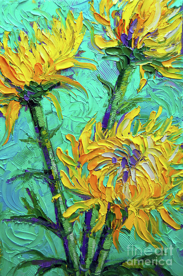 Chrysanthemums on Turquoise Palette Knife Impasto Oil Painting Painting by Mona Edulesco