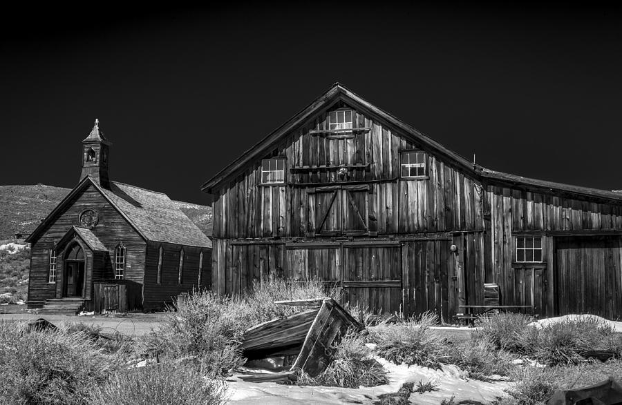 Black And White Photograph - Church and Barn by Cat Connor