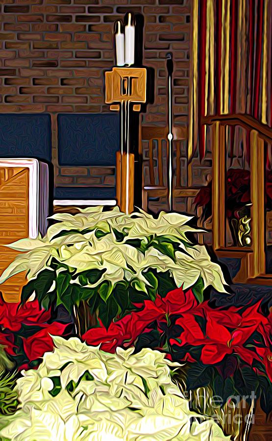 Flower Photograph - Church Candles and Poinsettias at Christmas Expressionist Effect by Rose Santuci-Sofranko
