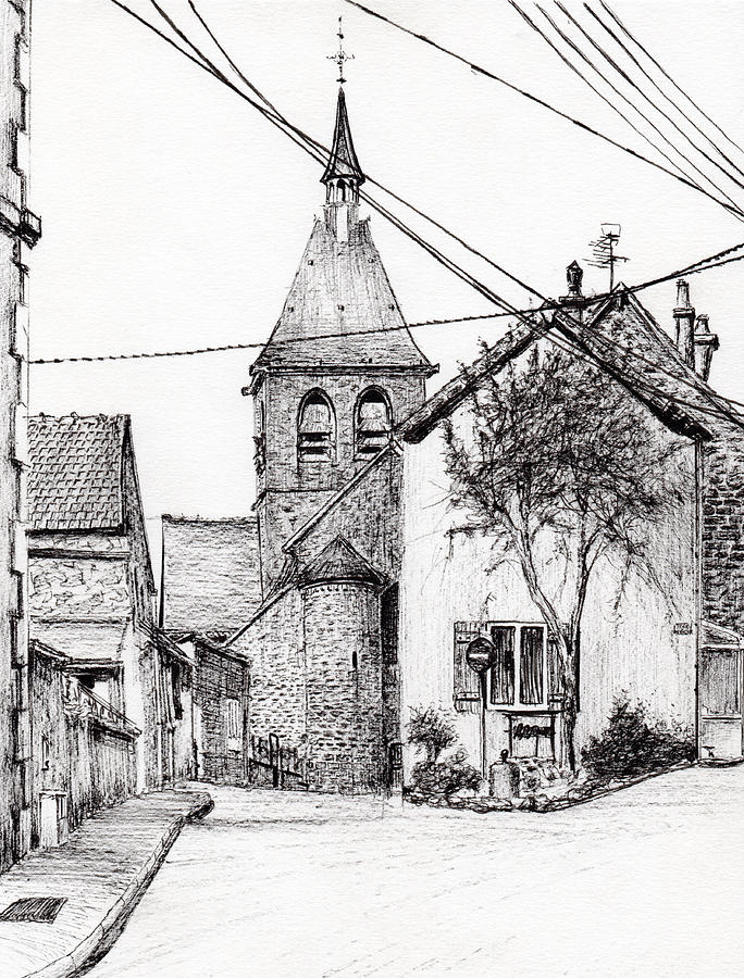 Black And White Drawing - Church in Laignes by Vincent Alexander Booth