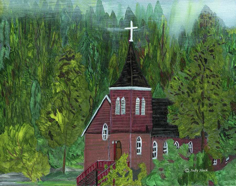Church in the Mist Painting by Judy Huck