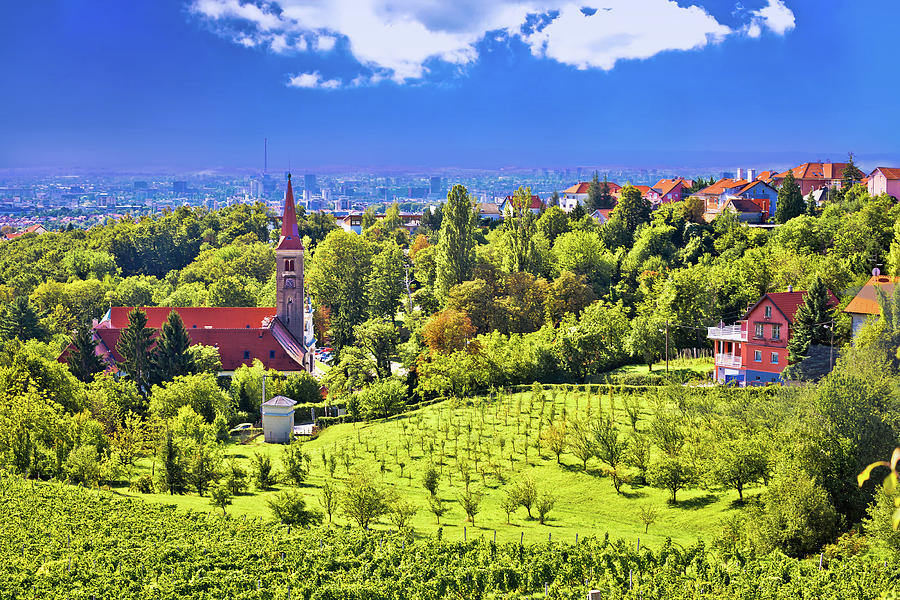 Church on green hill above croatian capital Zagreb Photograph by Brch Photography
