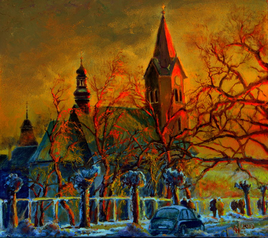 Impressionism Painting - Church Winter Sunset by Henryk Gorecki