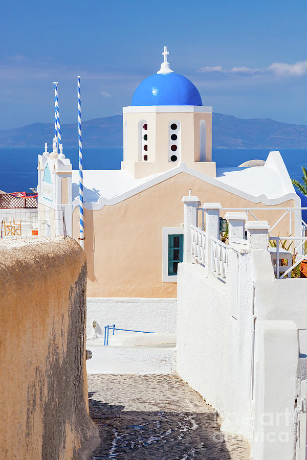  Church with famous blue dome on Santorini island, Greece. Aegean sea view Photograph by Michal Bednarek