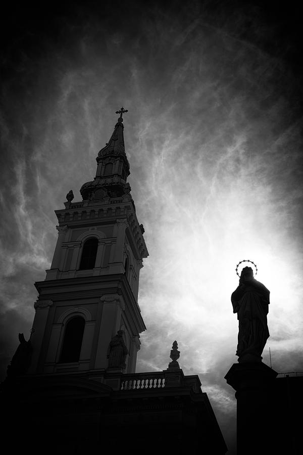 Church With Jesus Statue Black And White Photograph