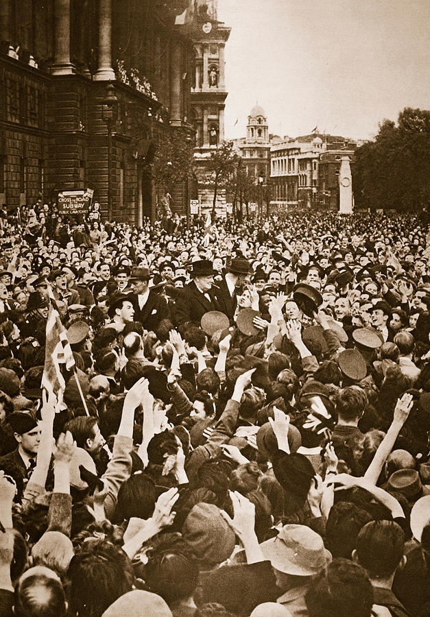 Churchill mobbed in Whitehall on VE Day Photograph by English School