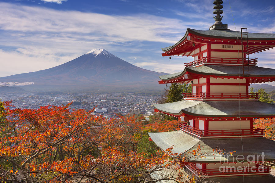 Nature Photograph - Chureito pagoda and Mount Fuji in Japan in autumn by Sara Winter