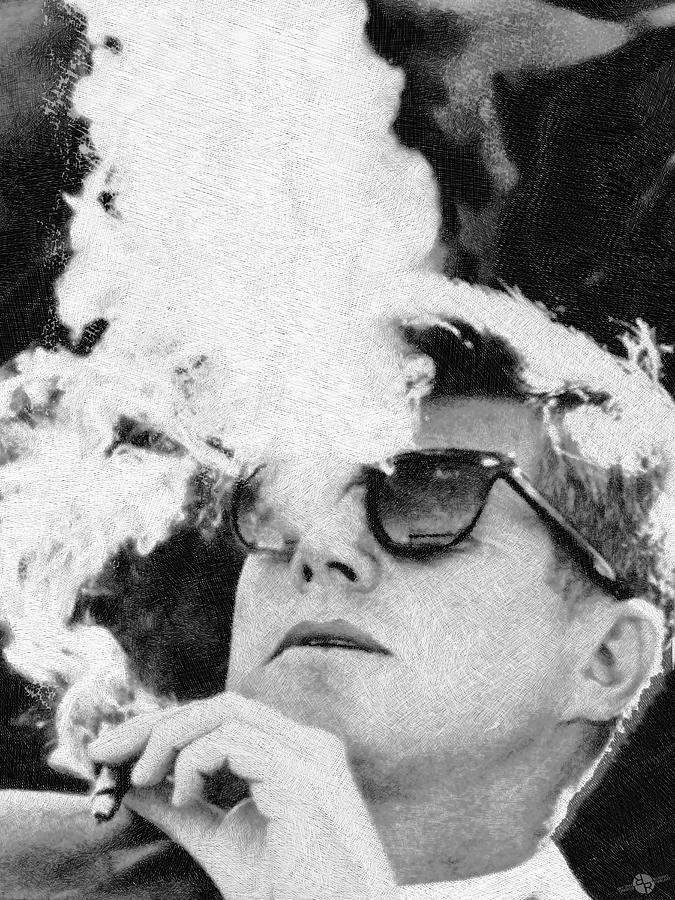 Cigar Smoker Cigar Lover JFK Gifts Black And White Photo Painting by Tony Rubino