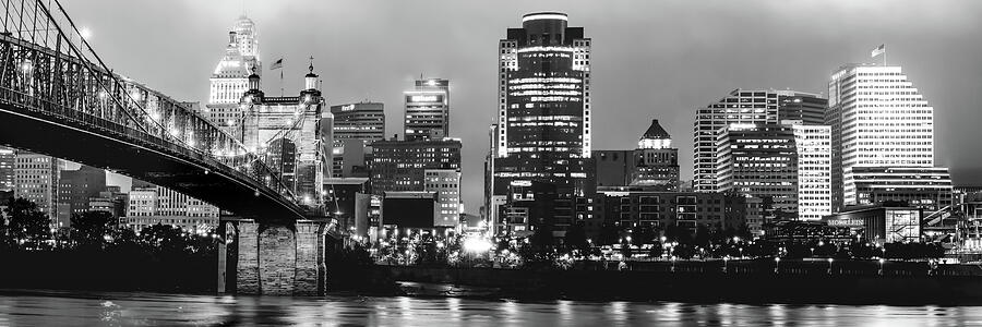 Cincinnati Skyline Photograph - Cincinnati Black and White Night Panorama Skyline by Gregory Ballos