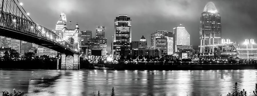 Cincinnati Downtown Skyline Panorama Black and White Photograph by Gregory Ballos