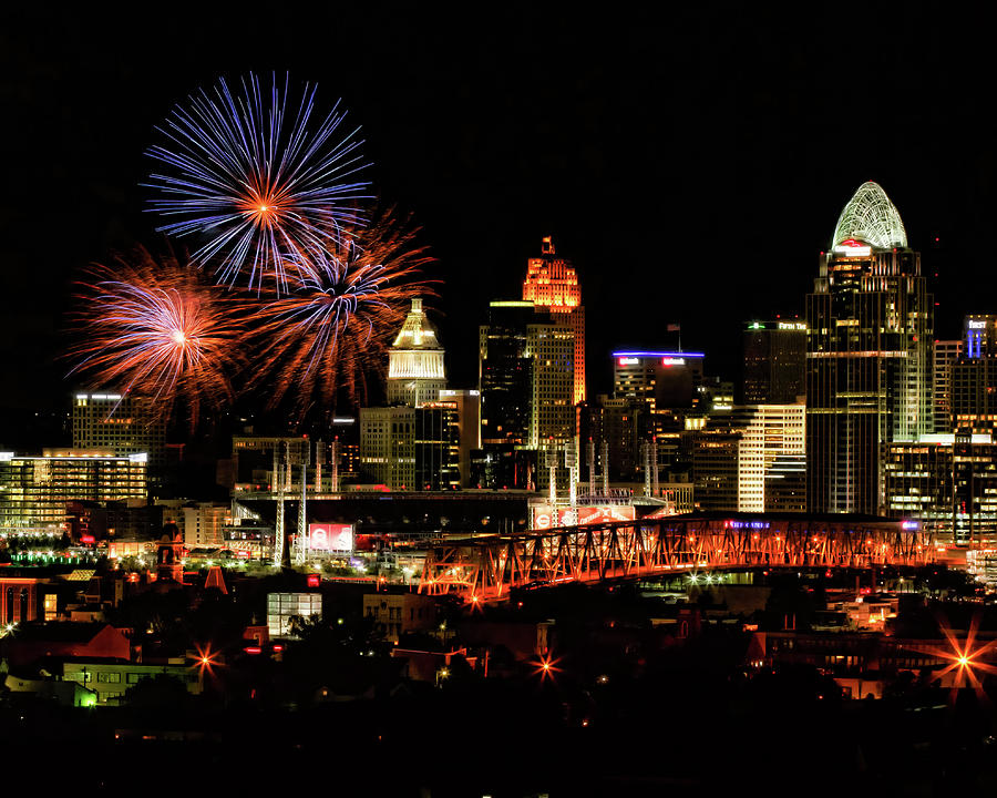 Cincinnati Fireworks Red Blue Photograph by Edward Moorhead Fine Art