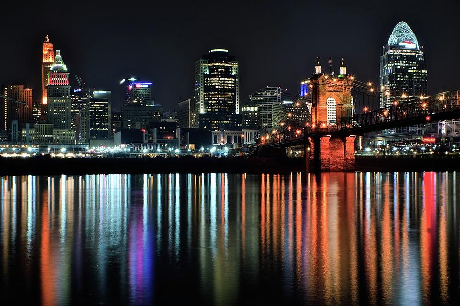 Cincinnati Photograph - Cincinnati Lights the Ohio River by Frozen in Time Fine Art Photography
