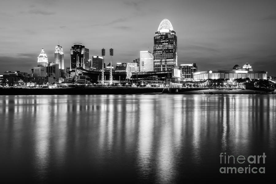 Cincinnati Night Skyline Black and White Photo Photograph by Paul Velgos