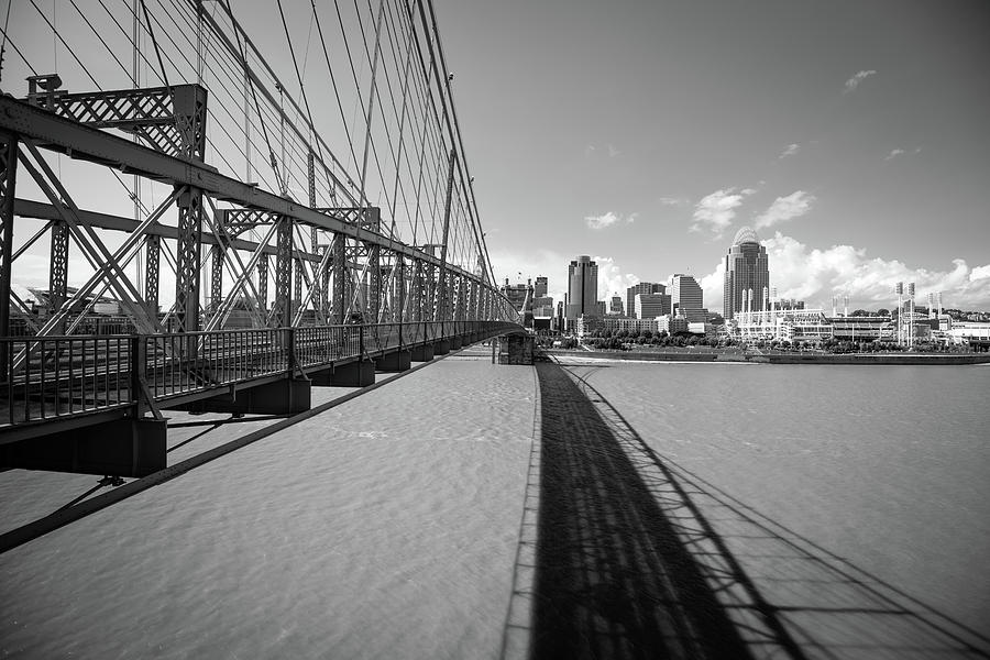 Cincinnati Skyline Photograph - Cincinnati Ohio Beyond the John Roebling Bridge - Black and White by Gregory Ballos